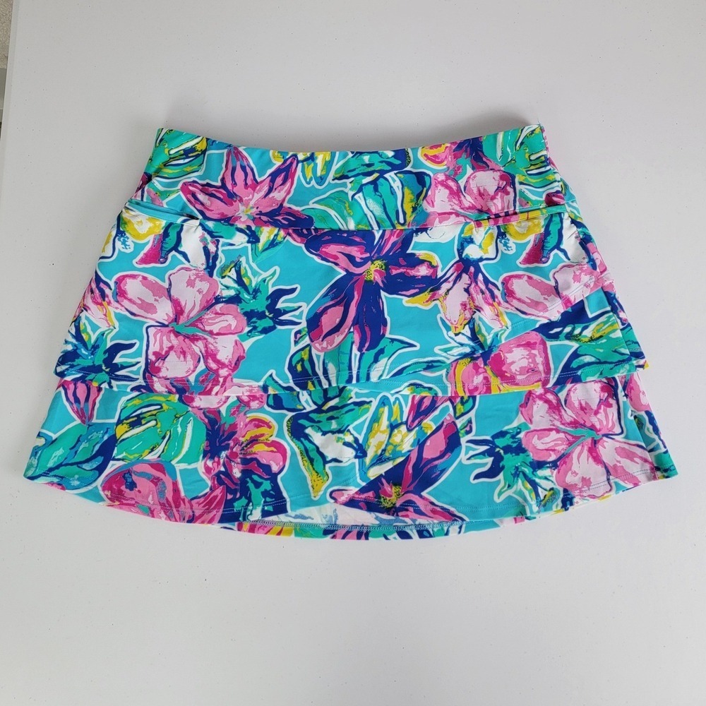 Aryeh Women's XL Blue Floral Tiered Ruffle Skort Athletic Tennis Golf Pickleball - Picture 2 of 11